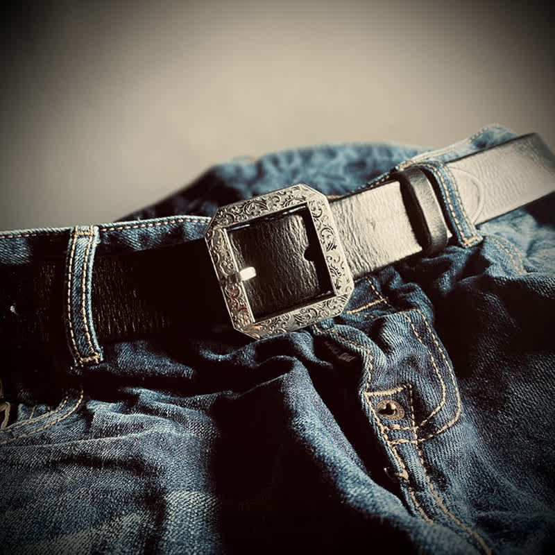 Square Floral Engraved Buckle Pants Leather Belt