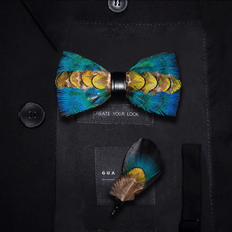 Blue & Green-yellow Feather Bow Tie with Lapel Pin
