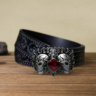 Men's DIY Double Skulls and Roses Buckle Leather Belt