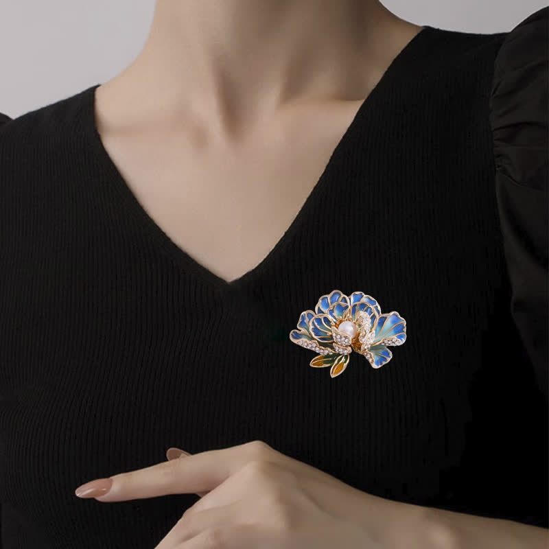 Women's Enamel Peony Flowers Pearl Inlaid Brooch