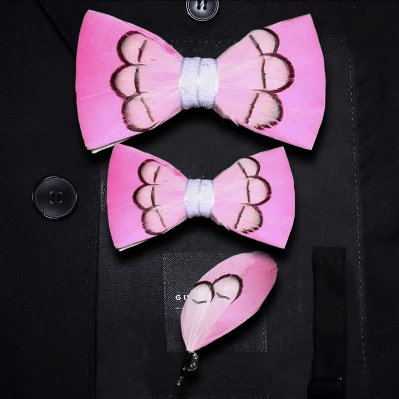 Powerfully Pink Feather Bow Tie with Lapel Pin