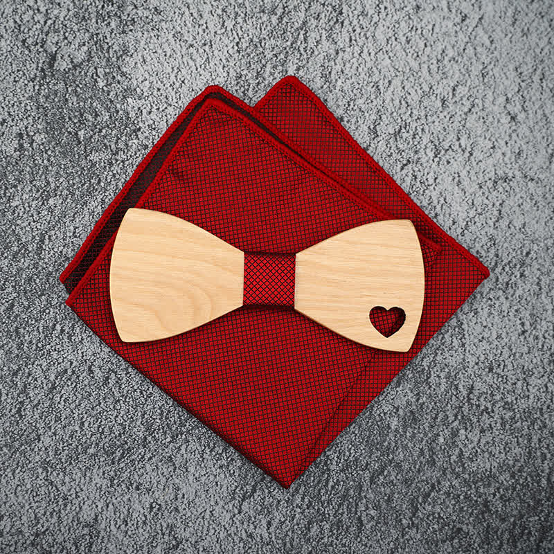 3Pcs Men's Hollow Heart Shape Wooden Bow Tie Set