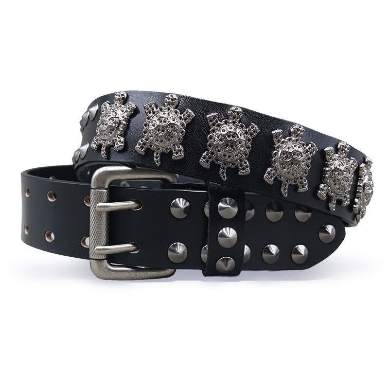 Three-Dimensional Metal Turtle Rivets Double Pin Leather Belt