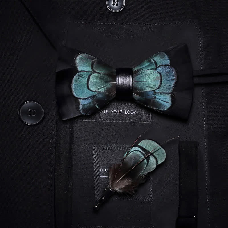 Black & Green Exquisite Feather Bow Tie with Lapel Pin