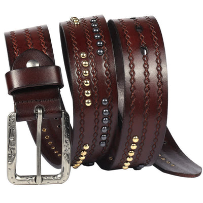 Round Rivet Fancy Stitch Embossed Pattern Leather Belt