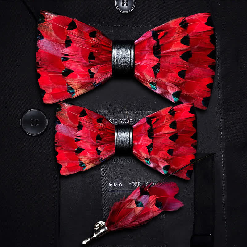 Kid's Red Finch Tail Feather Bow Tie with Lapel Pin