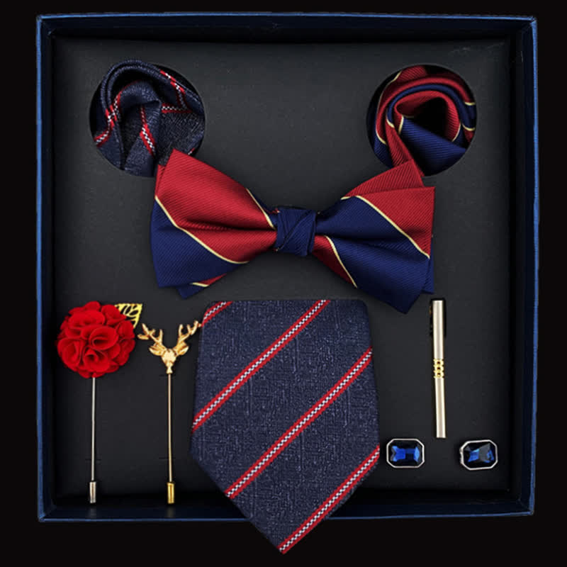 8Pcs Men's Red & Navy Formal Strips Bow Ties Gift Box