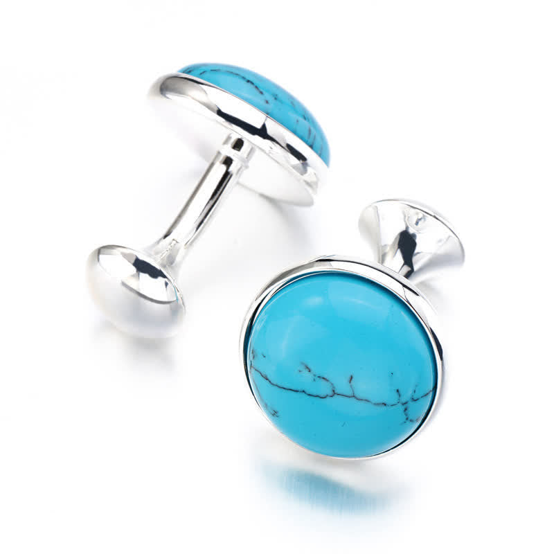 Men's Round Turquoise Blue Gemstone Cufflinks