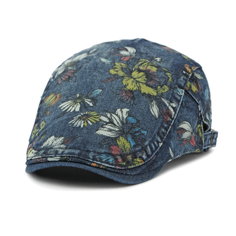 Fashion Floral Printed Denim Flat Beret Hat