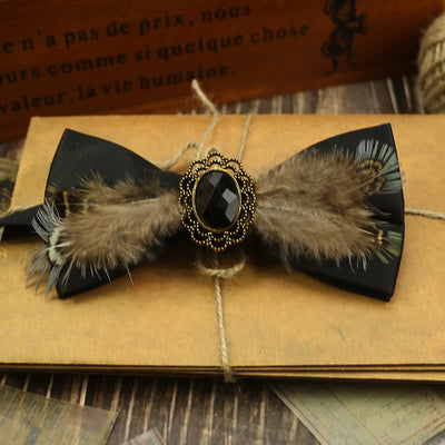 Men's Feather Bird Tail Pearls Decor Party Bow Tie