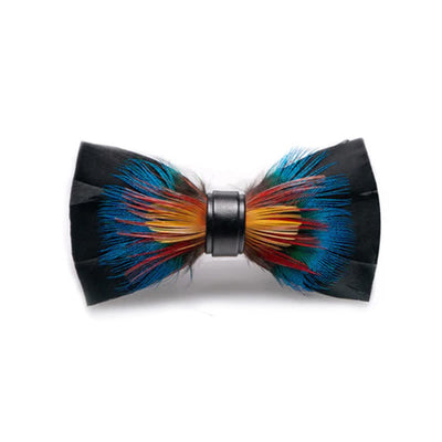 Black & Multicolored Blossom Feather Bow Tie with Lapel Pin