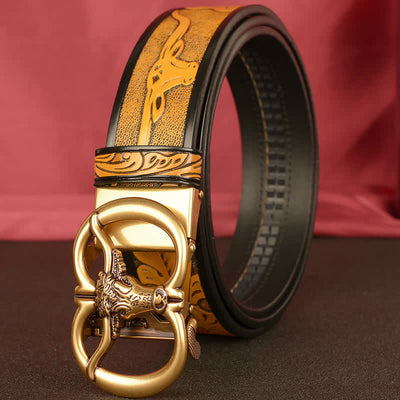 Men's Double Ring Bull Automatic Buckle Leather Belt