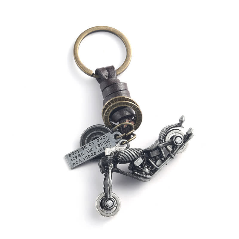 Skull Motorcycle Skeleton Pendant Leather Keychain