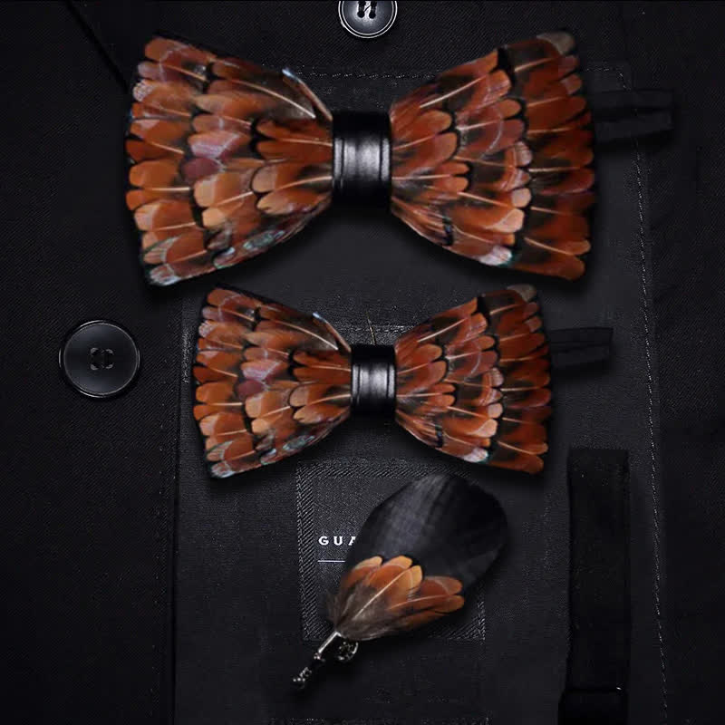 Brown & Black Trim Feather Bow Tie with Lapel Pin