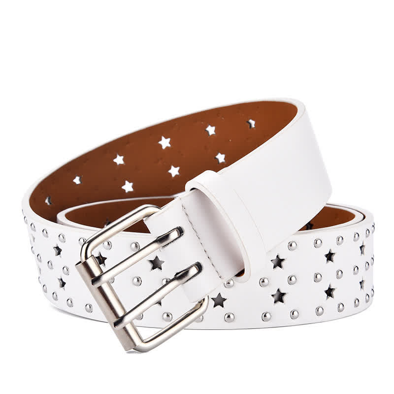 Star Double Prong Hollow Out Rivets Leather Belt