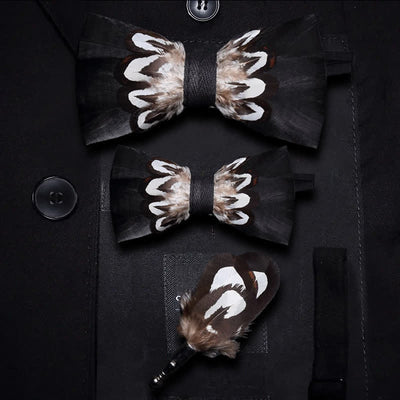 Kid's Black & White Pattern Feather Bow Tie with Lapel Pin