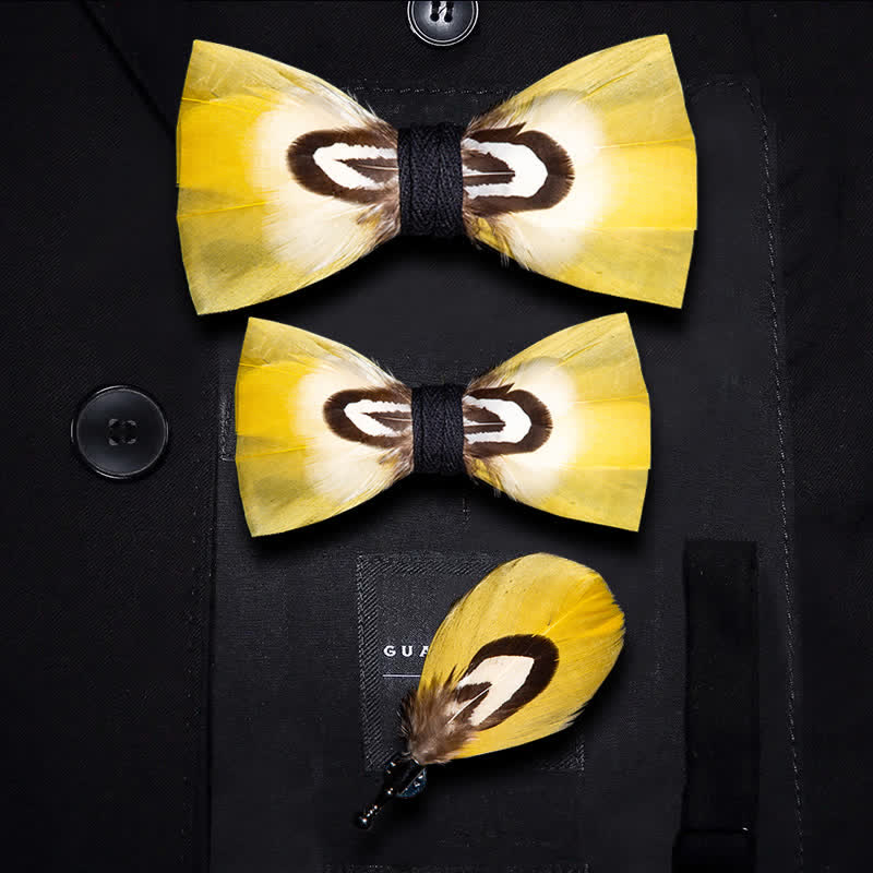 Kid's Yellow Parrot Feather Bow Tie with Lapel Pin