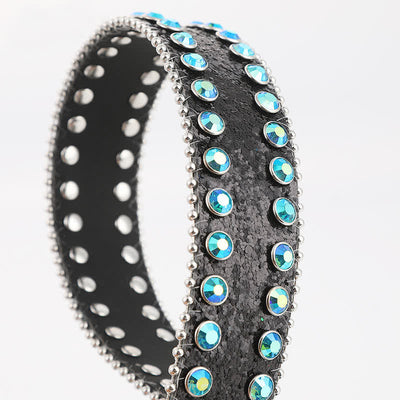 Women's Retro Green Rhinestone Rivets Leather Belt