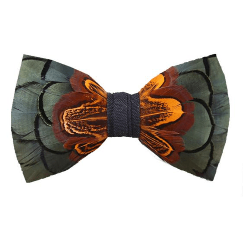 DarkSeaGreen & Rust Feather Bow Tie with Lapel Pin