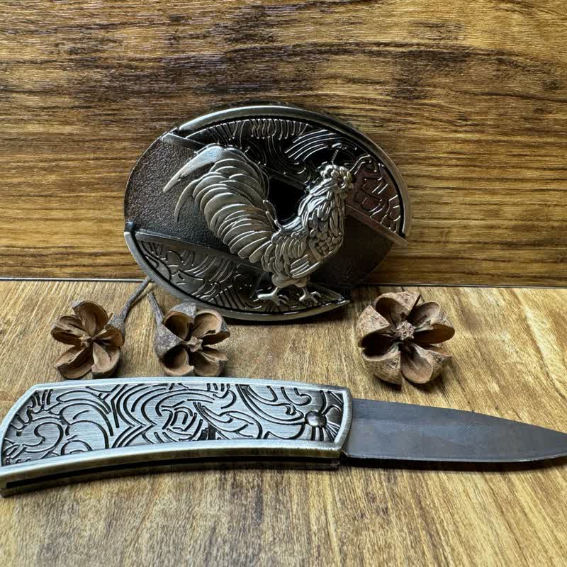 Men's DIY Rooster Hidden Folding Knife Leather Belt