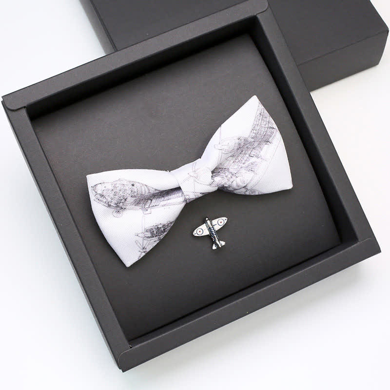 2Pcs Men's White Aviation Plane Brooch Bow Tie Set