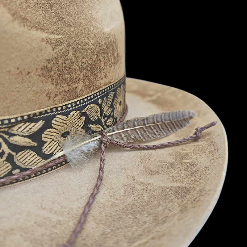 Jacquard Flower Decorative Feathers Wool Cowboy Hat