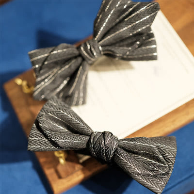 Men's Dark Gray Striped Herringbone Pattern Bow Tie