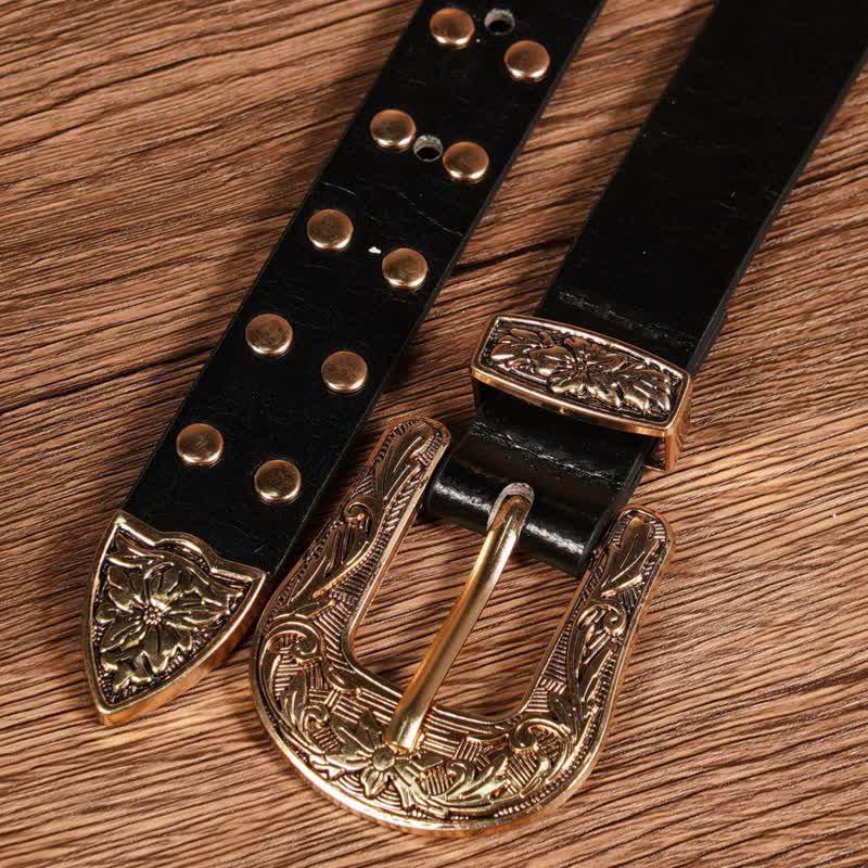 Two Row Gold Rivet Studded Carved Floral Leather Belt