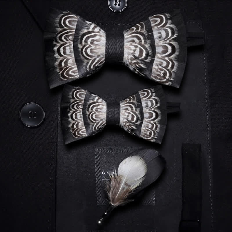 Kid's Black & White Tiger Stripes Feather Bow Tie with Lapel Pin