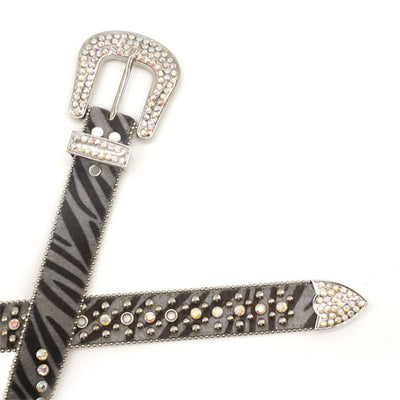 Unisex Unique Rhinestones Zebra Print Leather Belt