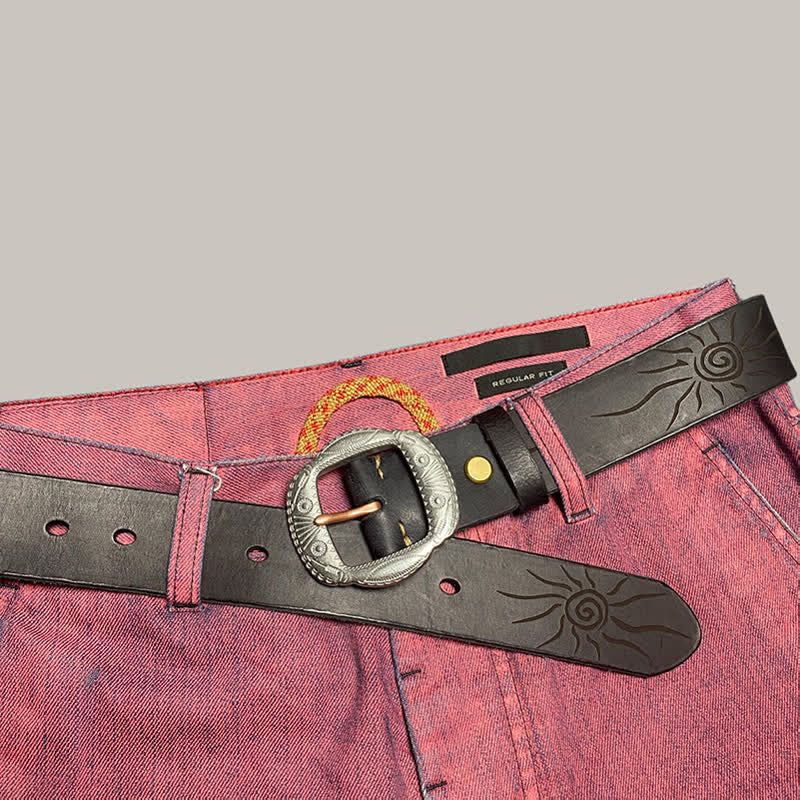 Retro Embossed Sun Pattern Silver Buckle Leather Belt