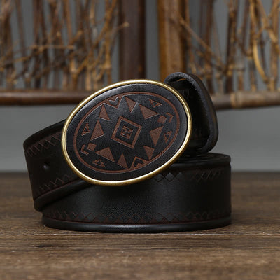 Vintage Engraved Pattern Thick Genuine Leather Belt