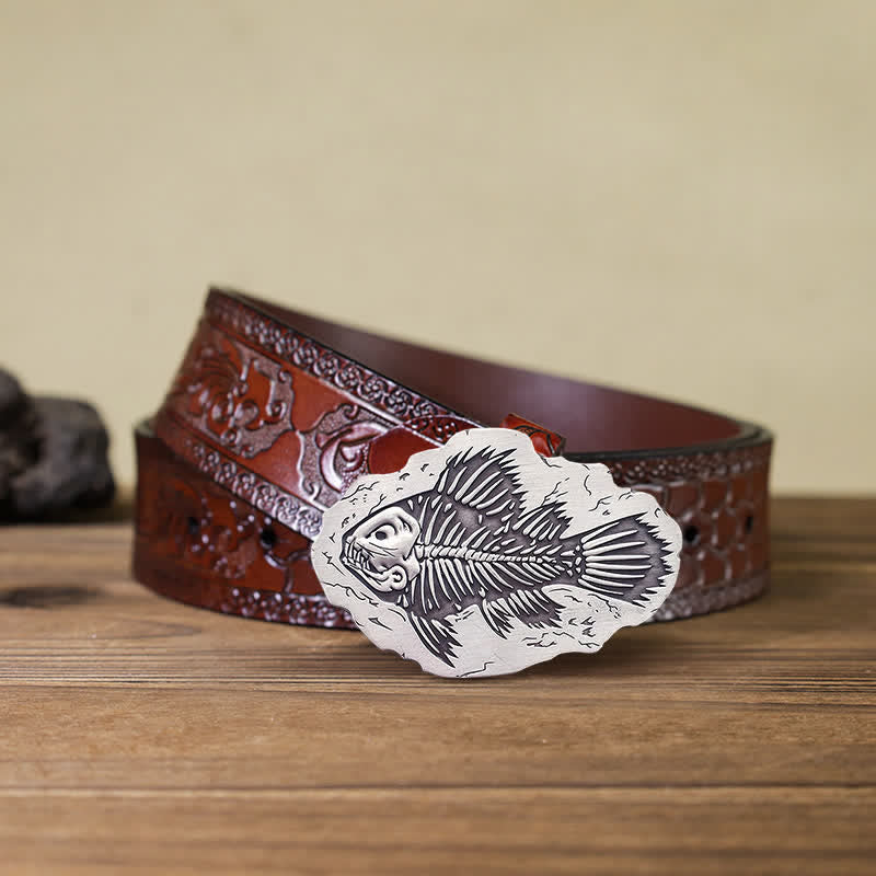 Men's DIY Fish Fossil Buckle Leather Belt