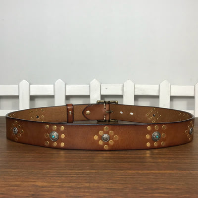 Gold Rivets Studs Vintage Indian Style Leather Belt