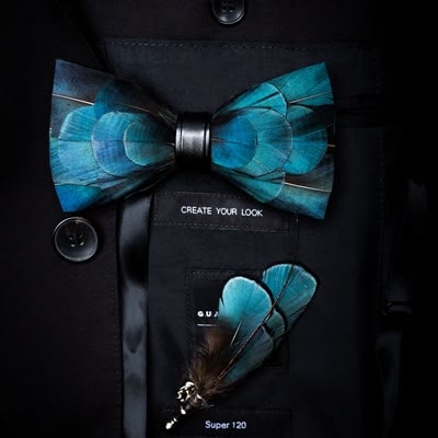 Dark Blue Luxury Natural Feather Bow Tie with Lapel Pin