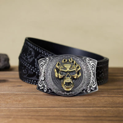 Men's DIY Flame Skull Hidden Folding Knife Leather Belt