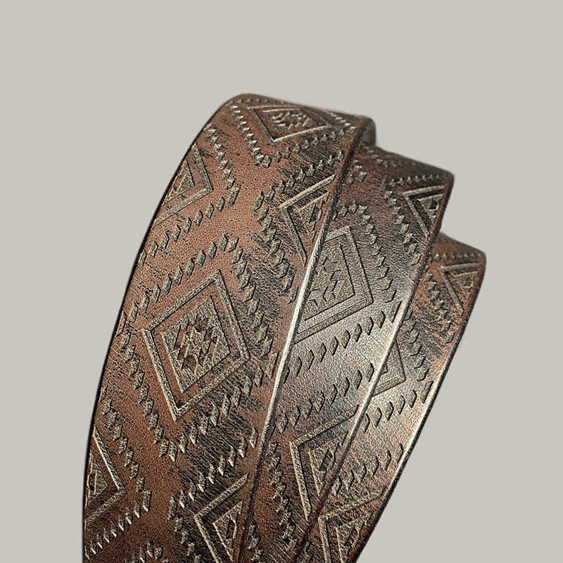 Antique Mayan Diamond Carved Printed Leather Belt