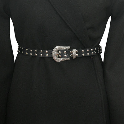 Women's Double Row Studded Rivets PU Leather Belt