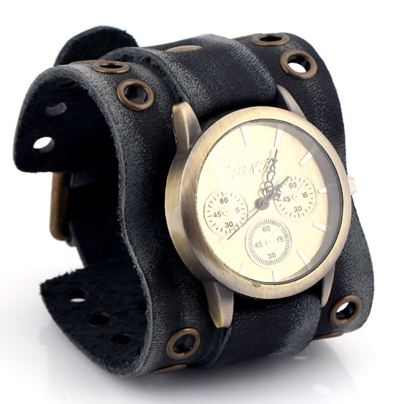 Men's Vintage Black Wide Cuff Leather Watch