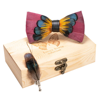 Pink & Orange Symmetrical Feather Bow Tie with Lapel Pin