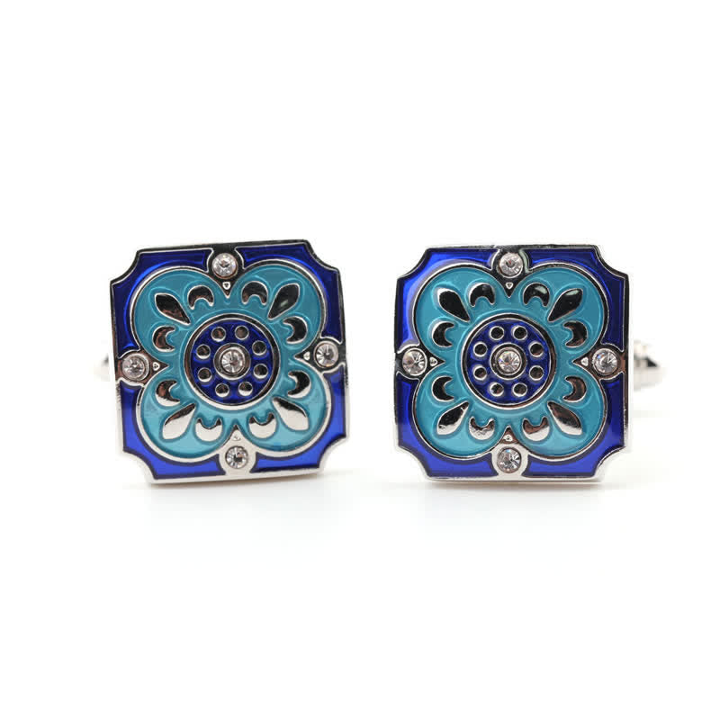 Men's Square Retro Blue Enamel Flower Cufflinks