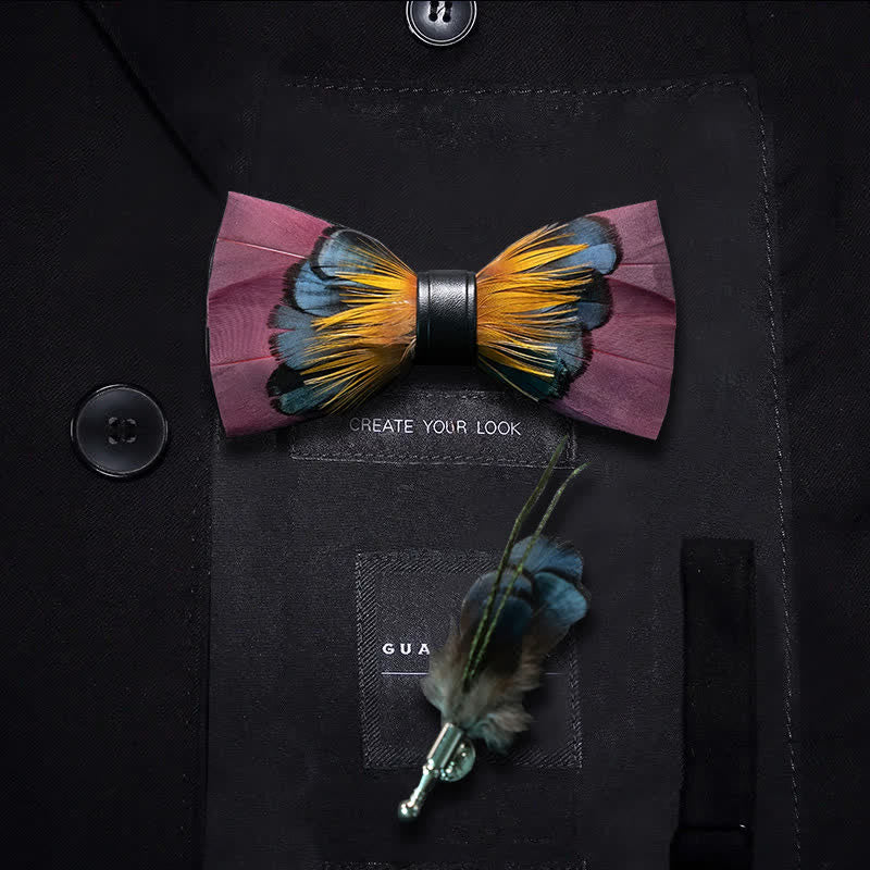 Pink & Orange Symmetrical Feather Bow Tie with Lapel Pin