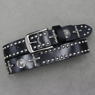 Cross Skull Rivets Double Pin Leather Belt