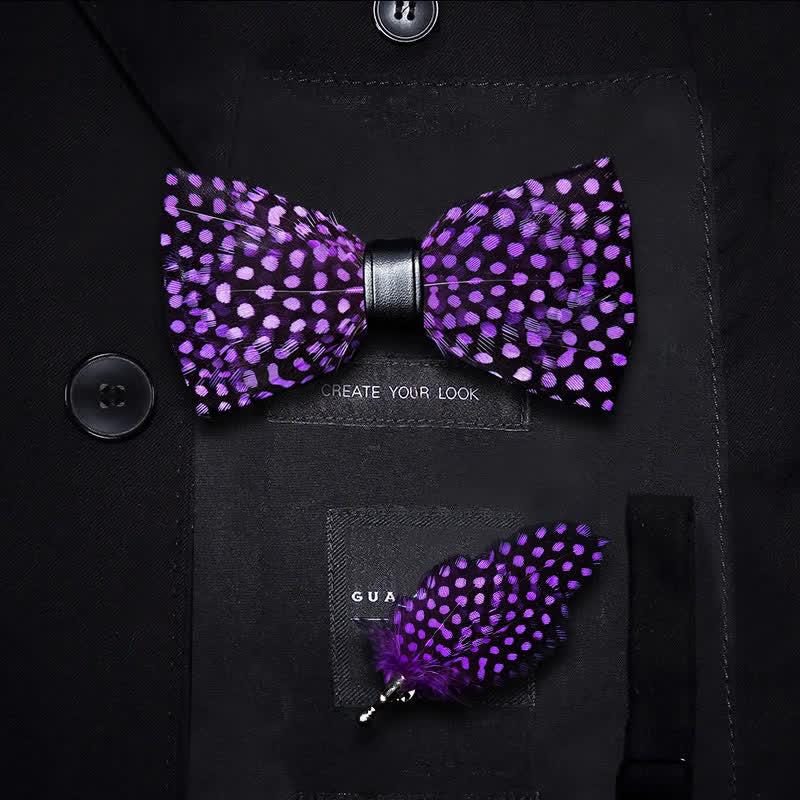 DarkViolet White Polka Dots Feather Bow Tie with Lapel Pin