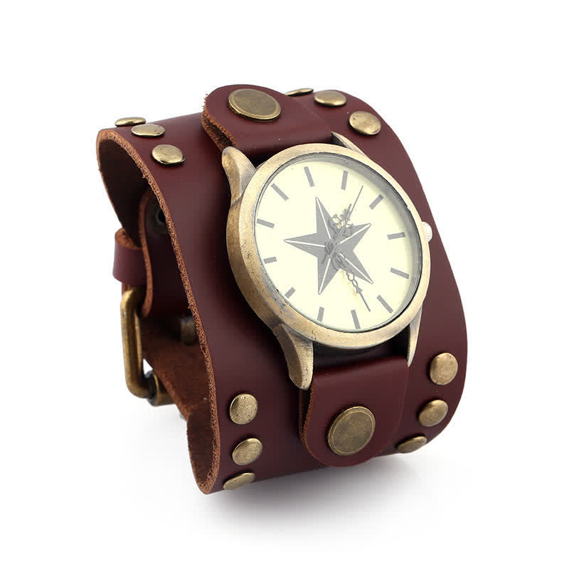 Men's Five-Pionted Star Rivet Cuff Leather Watch