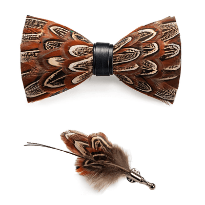 Kid's Brown Pheasant Feather Bow Tie with Lapel Pin
