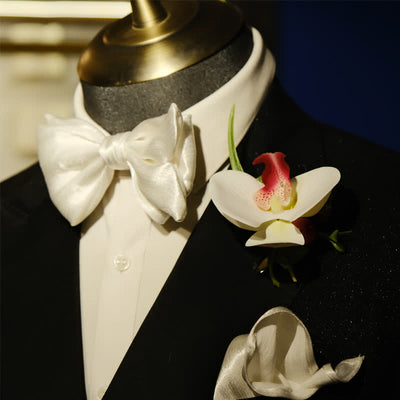 3Pcs Men's White Phalaenopsis Bow Tie Handkerchief Set