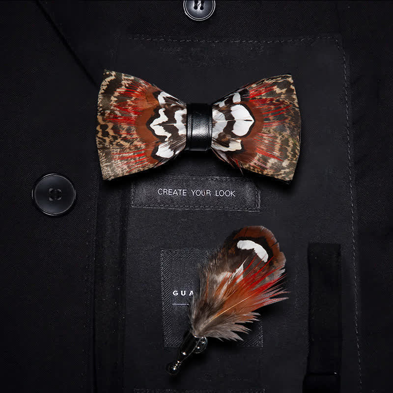 Brown & Red Feather Bow Tie with Lapel Pin