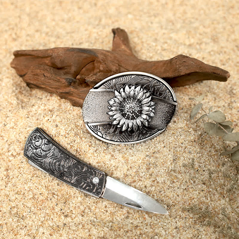 Flower Deer DIY Hidden Folding Knife Leather Belt Buckles Bundle Set