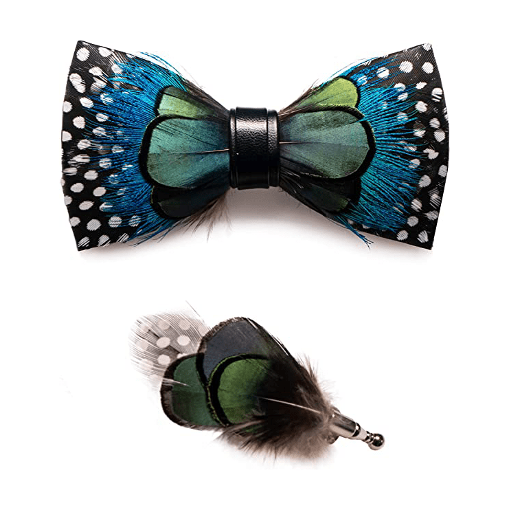 Green & Blue Polka Dots Feather Bow Tie with Lapel Pin